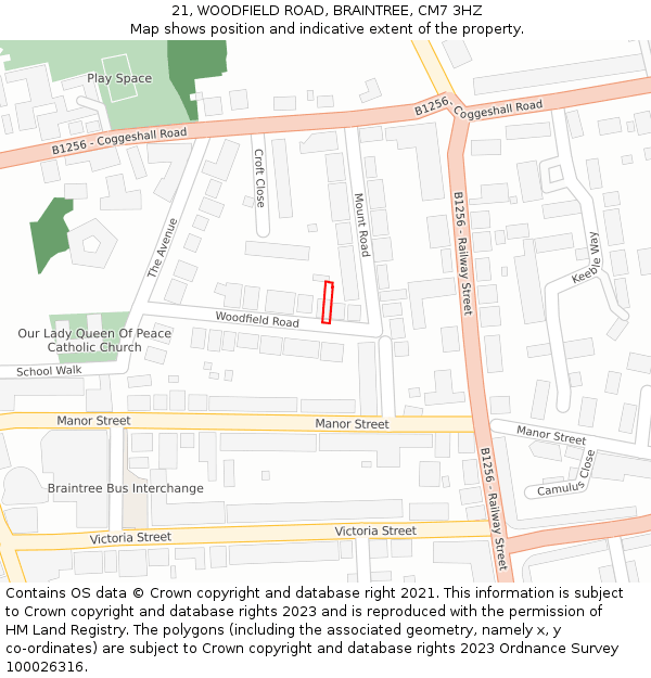 21, WOODFIELD ROAD, BRAINTREE, CM7 3HZ: Location map and indicative extent of plot