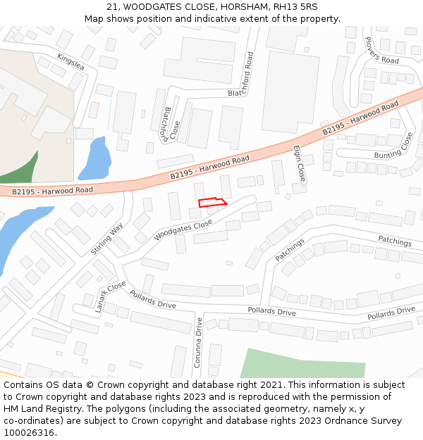 21, WOODGATES CLOSE, HORSHAM, RH13 5RS: Location map and indicative extent of plot