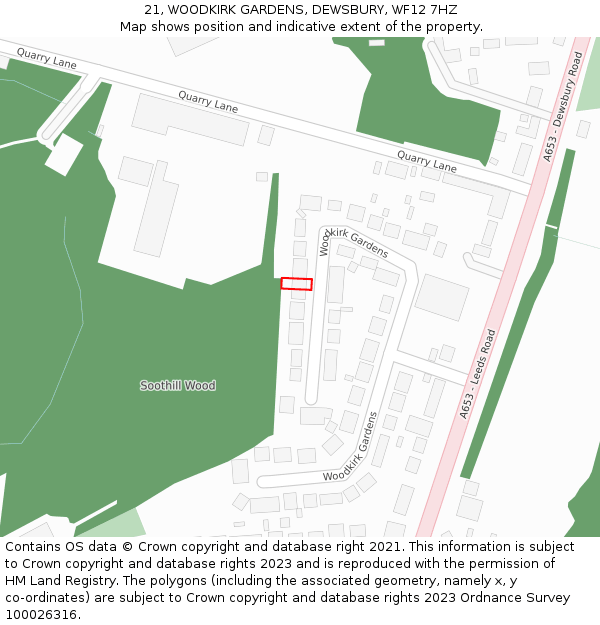 21, WOODKIRK GARDENS, DEWSBURY, WF12 7HZ: Location map and indicative extent of plot