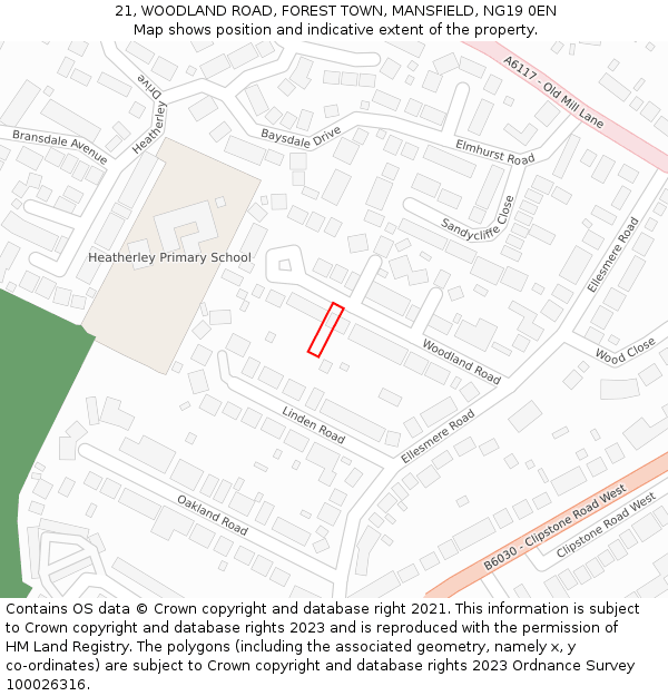 21, WOODLAND ROAD, FOREST TOWN, MANSFIELD, NG19 0EN: Location map and indicative extent of plot