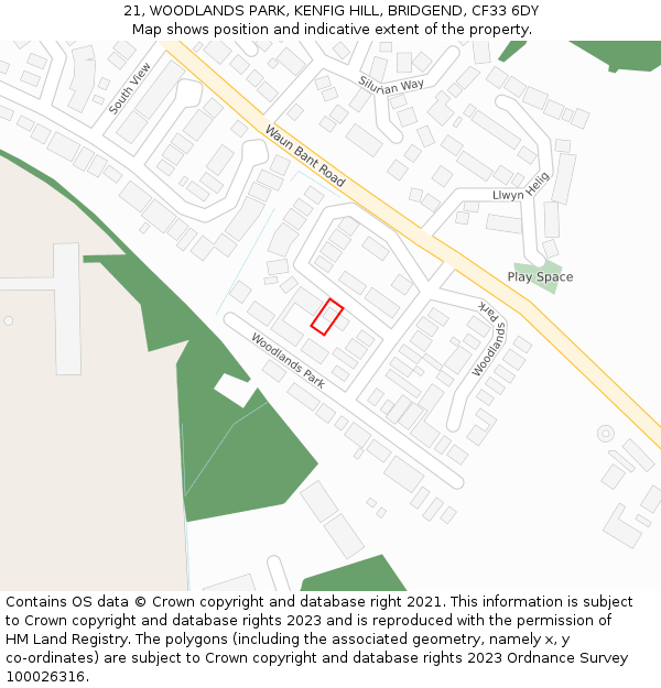 21, WOODLANDS PARK, KENFIG HILL, BRIDGEND, CF33 6DY: Location map and indicative extent of plot