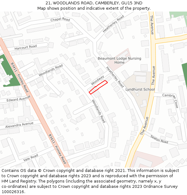 21, WOODLANDS ROAD, CAMBERLEY, GU15 3ND: Location map and indicative extent of plot