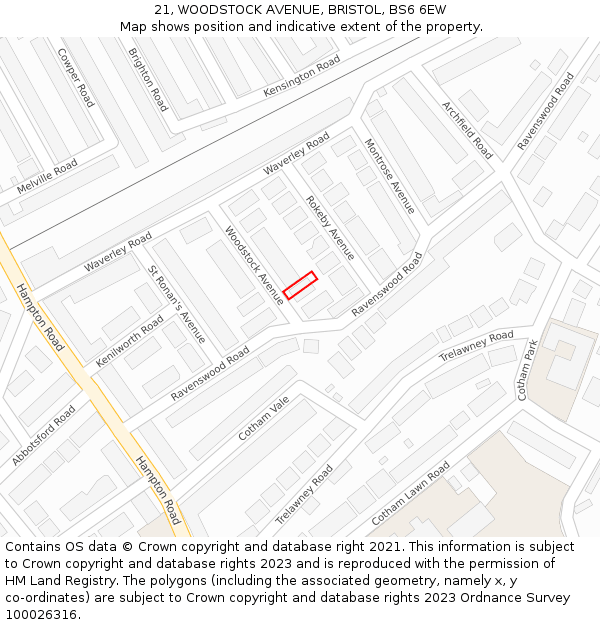 21, WOODSTOCK AVENUE, BRISTOL, BS6 6EW: Location map and indicative extent of plot