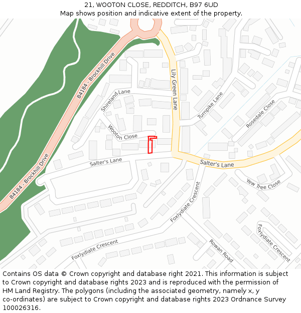 21, WOOTON CLOSE, REDDITCH, B97 6UD: Location map and indicative extent of plot