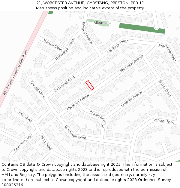 21, WORCESTER AVENUE, GARSTANG, PRESTON, PR3 1FJ: Location map and indicative extent of plot