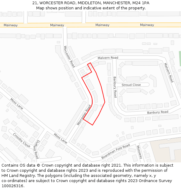 21, WORCESTER ROAD, MIDDLETON, MANCHESTER, M24 1PA: Location map and indicative extent of plot