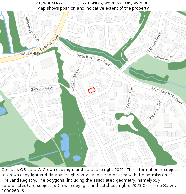 21, WREXHAM CLOSE, CALLANDS, WARRINGTON, WA5 9RL: Location map and indicative extent of plot