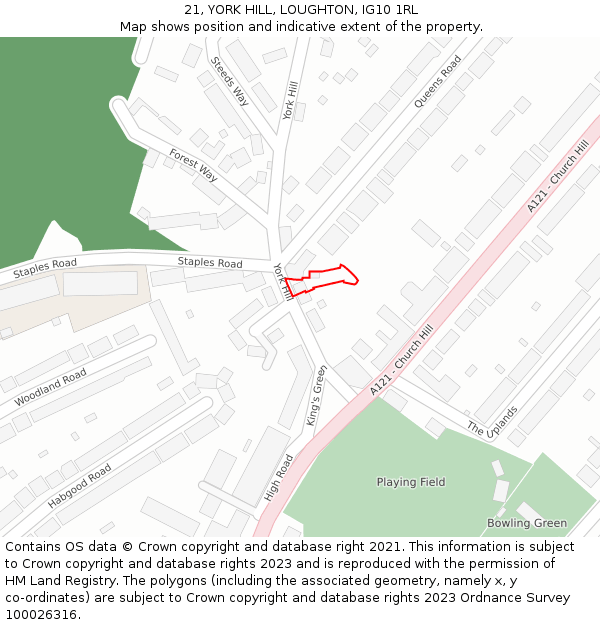 21, YORK HILL, LOUGHTON, IG10 1RL: Location map and indicative extent of plot