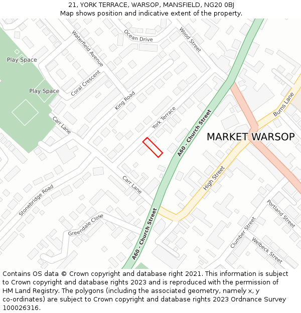 21, YORK TERRACE, WARSOP, MANSFIELD, NG20 0BJ: Location map and indicative extent of plot