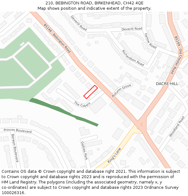 210, BEBINGTON ROAD, BIRKENHEAD, CH42 4QE: Location map and indicative extent of plot