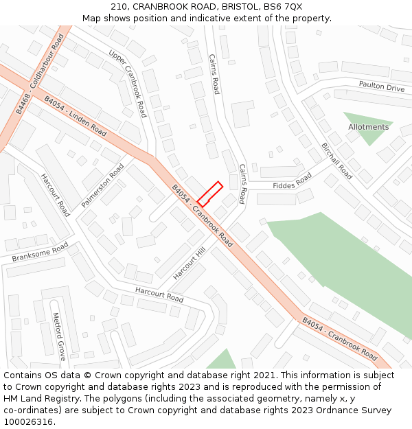 210, CRANBROOK ROAD, BRISTOL, BS6 7QX: Location map and indicative extent of plot