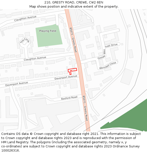 210, GRESTY ROAD, CREWE, CW2 6EN: Location map and indicative extent of plot