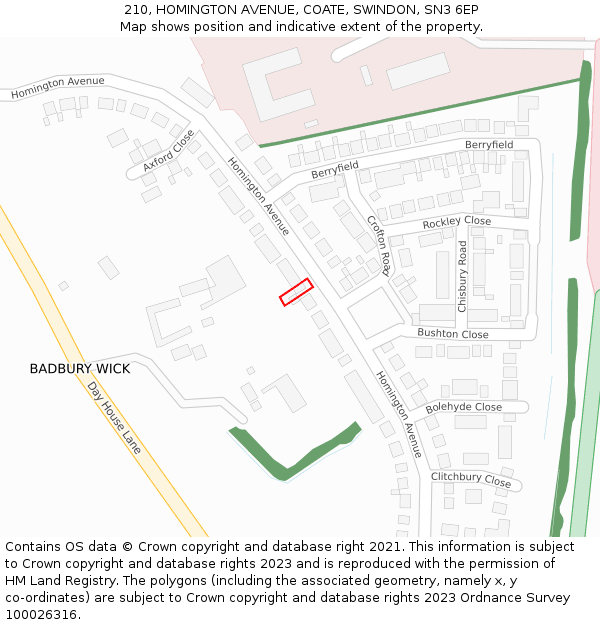 210, HOMINGTON AVENUE, COATE, SWINDON, SN3 6EP: Location map and indicative extent of plot