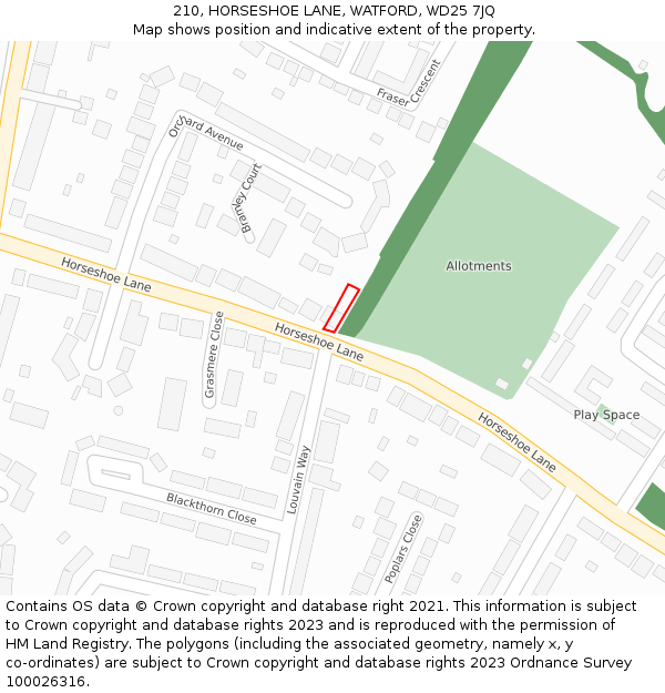 210, HORSESHOE LANE, WATFORD, WD25 7JQ: Location map and indicative extent of plot