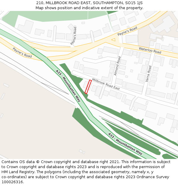 210, MILLBROOK ROAD EAST, SOUTHAMPTON, SO15 1JS: Location map and indicative extent of plot