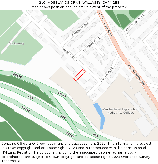 210, MOSSLANDS DRIVE, WALLASEY, CH44 2EG: Location map and indicative extent of plot
