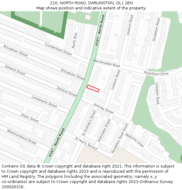 210, NORTH ROAD, DARLINGTON, DL1 2EN: Location map and indicative extent of plot