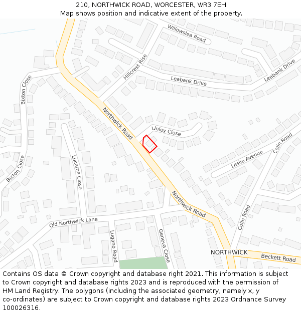 210, NORTHWICK ROAD, WORCESTER, WR3 7EH: Location map and indicative extent of plot