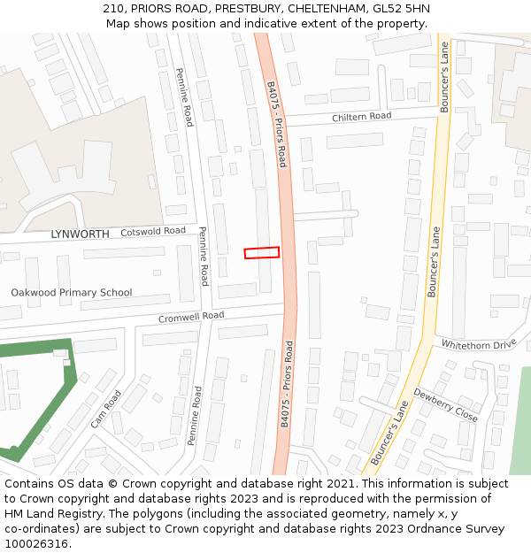 210, PRIORS ROAD, PRESTBURY, CHELTENHAM, GL52 5HN: Location map and indicative extent of plot