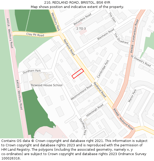 210, REDLAND ROAD, BRISTOL, BS6 6YR: Location map and indicative extent of plot