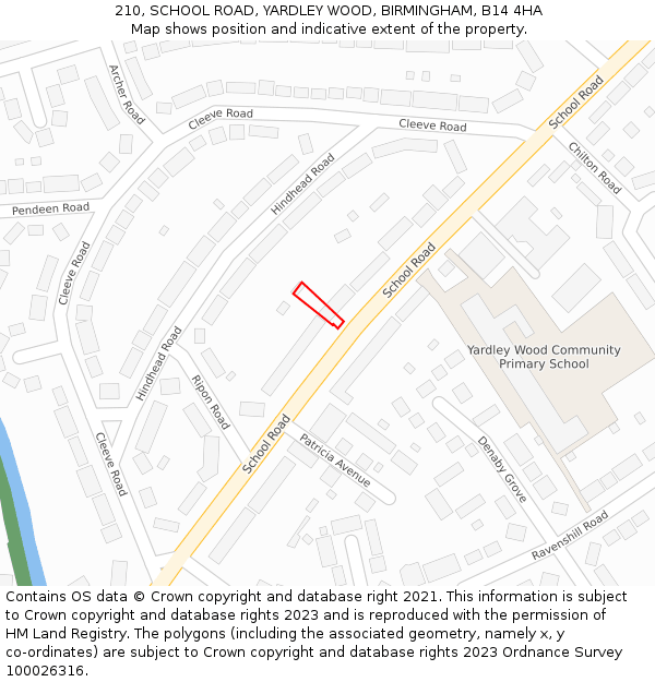 210, SCHOOL ROAD, YARDLEY WOOD, BIRMINGHAM, B14 4HA: Location map and indicative extent of plot