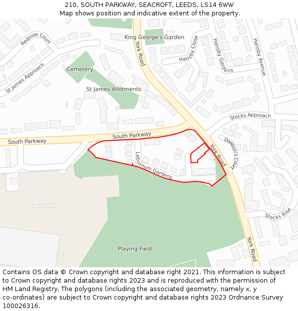 210, SOUTH PARKWAY, SEACROFT, LEEDS, LS14 6WW: Location map and indicative extent of plot