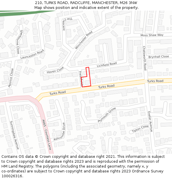 210, TURKS ROAD, RADCLIFFE, MANCHESTER, M26 3NW: Location map and indicative extent of plot