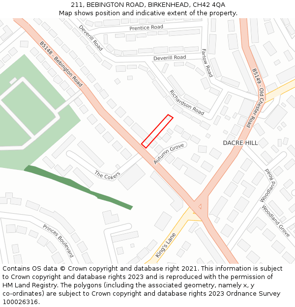 211, BEBINGTON ROAD, BIRKENHEAD, CH42 4QA: Location map and indicative extent of plot