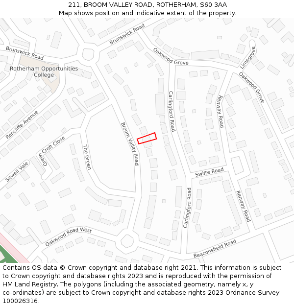 211, BROOM VALLEY ROAD, ROTHERHAM, S60 3AA: Location map and indicative extent of plot