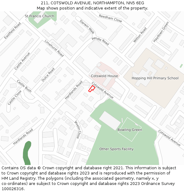 211, COTSWOLD AVENUE, NORTHAMPTON, NN5 6EG: Location map and indicative extent of plot