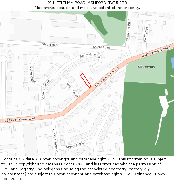 211, FELTHAM ROAD, ASHFORD, TW15 1BB: Location map and indicative extent of plot