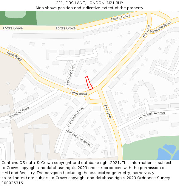 211, FIRS LANE, LONDON, N21 3HY: Location map and indicative extent of plot
