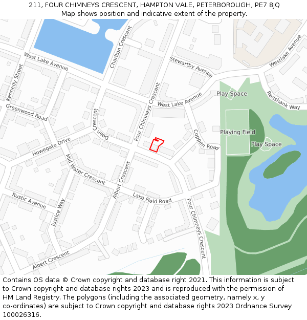211, FOUR CHIMNEYS CRESCENT, HAMPTON VALE, PETERBOROUGH, PE7 8JQ: Location map and indicative extent of plot