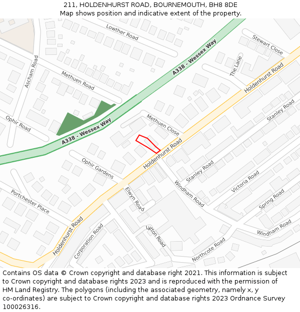 211, HOLDENHURST ROAD, BOURNEMOUTH, BH8 8DE: Location map and indicative extent of plot