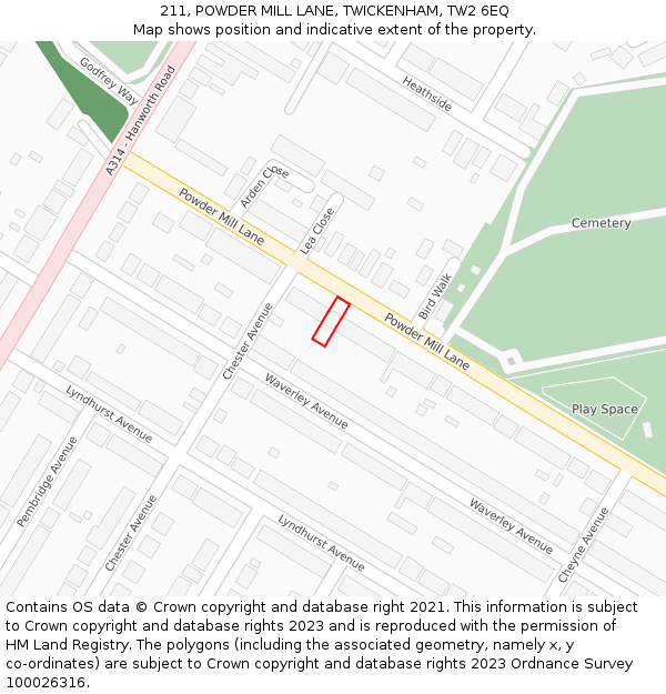 211, POWDER MILL LANE, TWICKENHAM, TW2 6EQ: Location map and indicative extent of plot