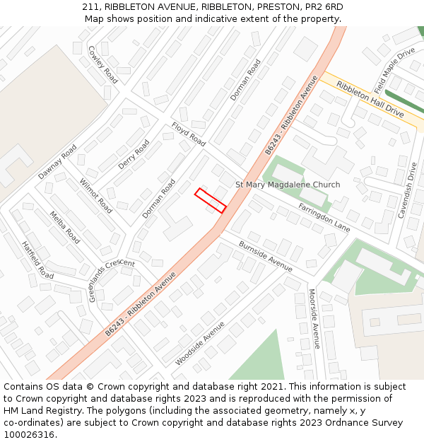 211, RIBBLETON AVENUE, RIBBLETON, PRESTON, PR2 6RD: Location map and indicative extent of plot