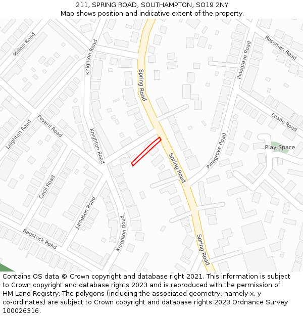 211, SPRING ROAD, SOUTHAMPTON, SO19 2NY: Location map and indicative extent of plot