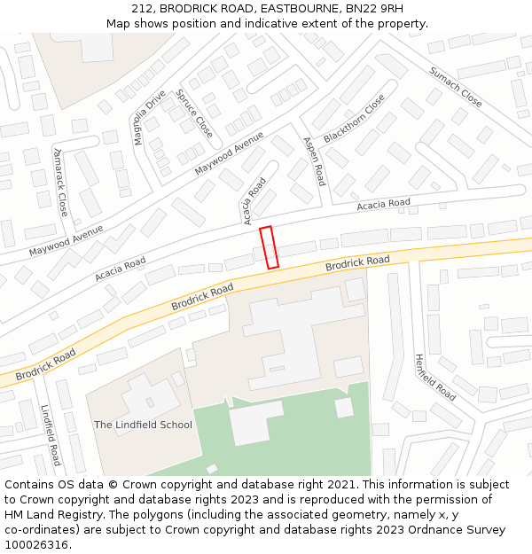 212, BRODRICK ROAD, EASTBOURNE, BN22 9RH: Location map and indicative extent of plot