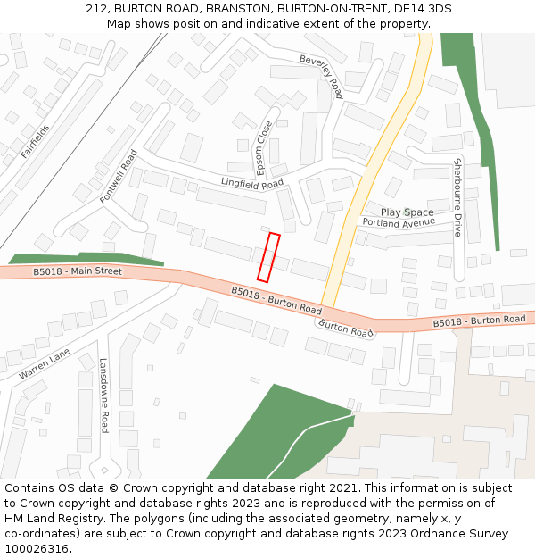 212, BURTON ROAD, BRANSTON, BURTON-ON-TRENT, DE14 3DS: Location map and indicative extent of plot