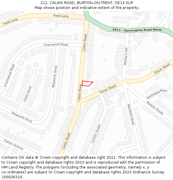 212, CALAIS ROAD, BURTON-ON-TRENT, DE13 0UP: Location map and indicative extent of plot