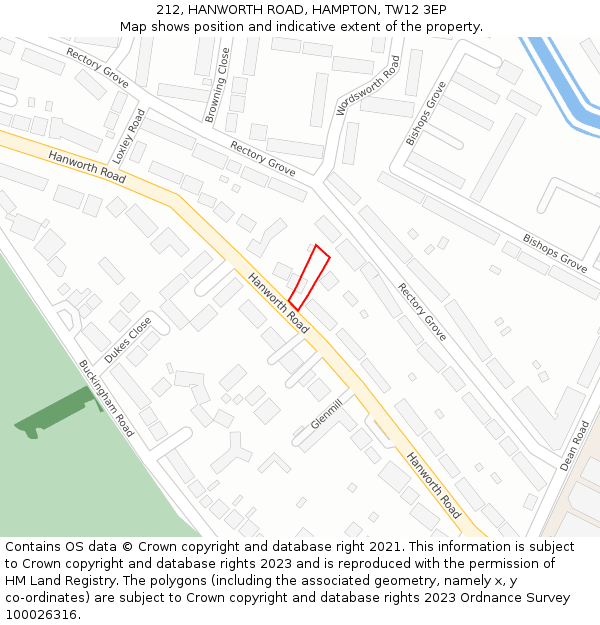 212, HANWORTH ROAD, HAMPTON, TW12 3EP: Location map and indicative extent of plot
