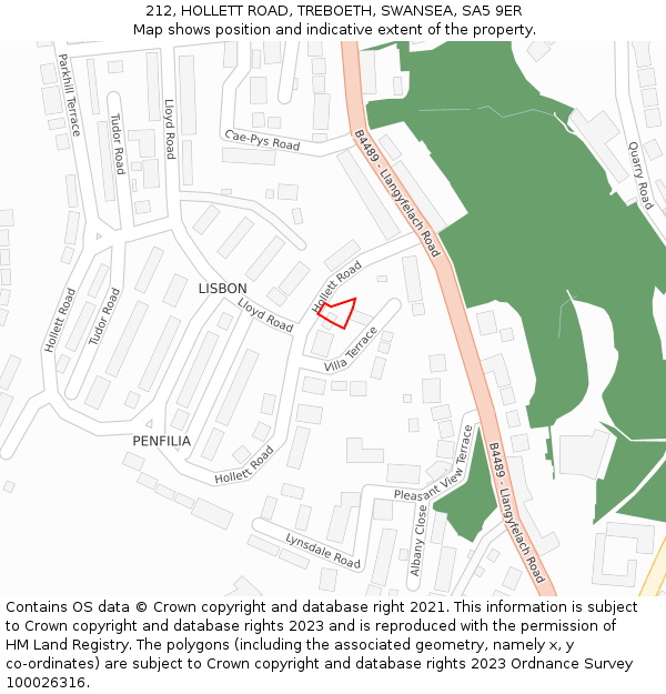 212, HOLLETT ROAD, TREBOETH, SWANSEA, SA5 9ER: Location map and indicative extent of plot