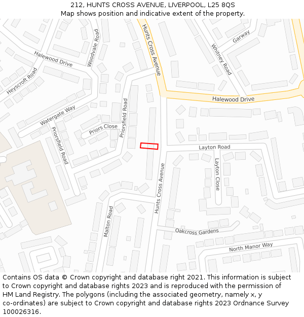 212, HUNTS CROSS AVENUE, LIVERPOOL, L25 8QS: Location map and indicative extent of plot