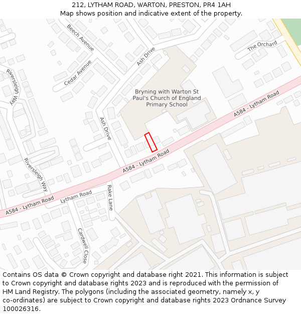 212, LYTHAM ROAD, WARTON, PRESTON, PR4 1AH: Location map and indicative extent of plot