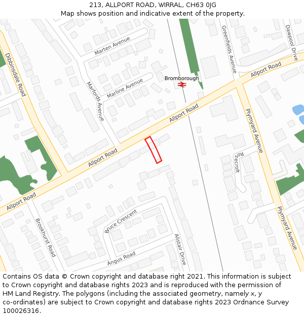 213, ALLPORT ROAD, WIRRAL, CH63 0JG: Location map and indicative extent of plot