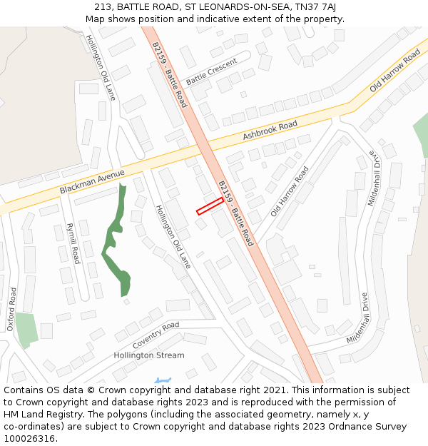 213, BATTLE ROAD, ST LEONARDS-ON-SEA, TN37 7AJ: Location map and indicative extent of plot