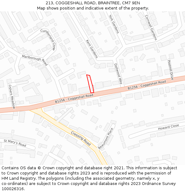 213, COGGESHALL ROAD, BRAINTREE, CM7 9EN: Location map and indicative extent of plot
