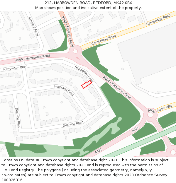 213, HARROWDEN ROAD, BEDFORD, MK42 0RX: Location map and indicative extent of plot