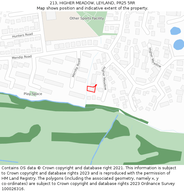 213, HIGHER MEADOW, LEYLAND, PR25 5RR: Location map and indicative extent of plot