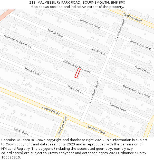 213, MALMESBURY PARK ROAD, BOURNEMOUTH, BH8 8PX: Location map and indicative extent of plot